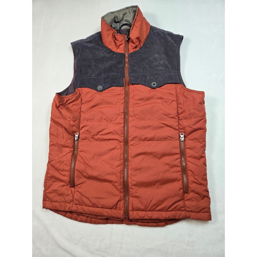 Prana Mens Puffer Vest Burnt Orange Charcoal Grey Corduroy Yoke Medium Outdoor